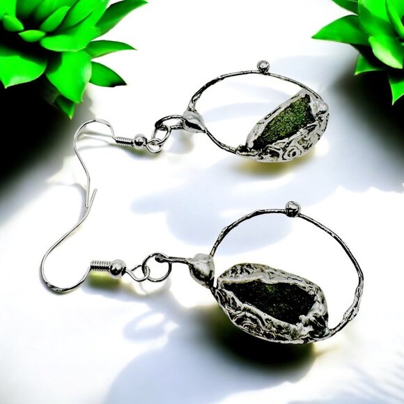 Natural Moldavite & Sterling 925 Boho Metalwork Earrings - Picture 3 of 17